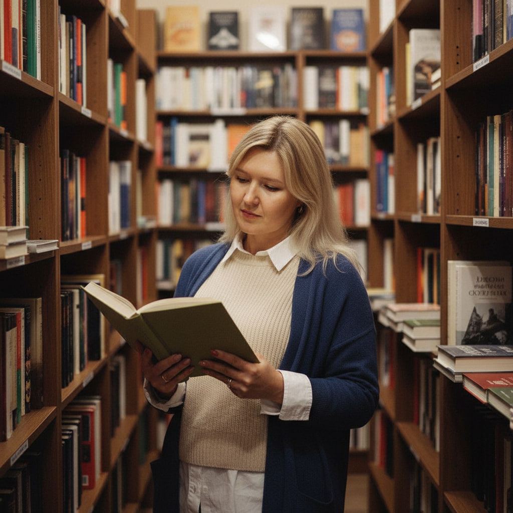 Елена Капустина читает книгу в библиотеке